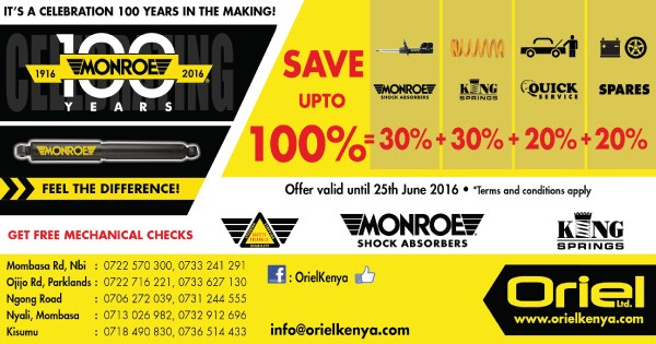 Oriel Limited - 100 years of Monroe Special - Save on all Car Suspension kits from Oriel Kenya